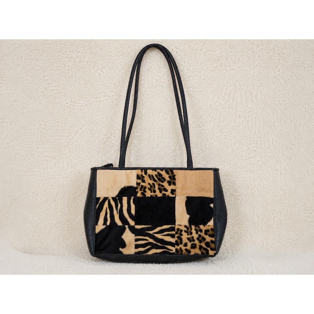 Vintage Faux Fur Patchwork Animal Print Shoulder Bag Leopard Zebra Black Tan